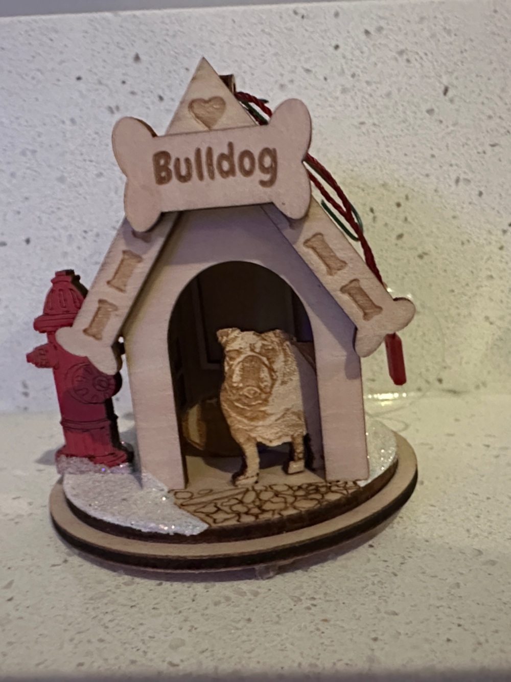 Bulldog Wooden Dog House Ornament - Beige and Red